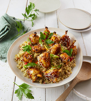 Utilisation famille : Salade de chicken Wings barbecue, taboulé oriental