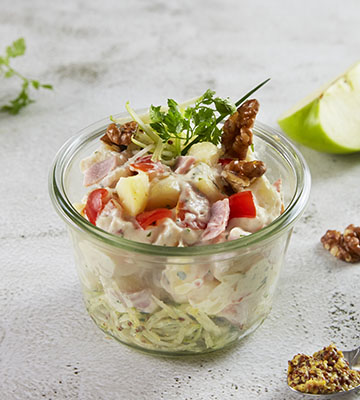 Rémoulade de chou rave « pomme granny-noix », piémontaise jambon